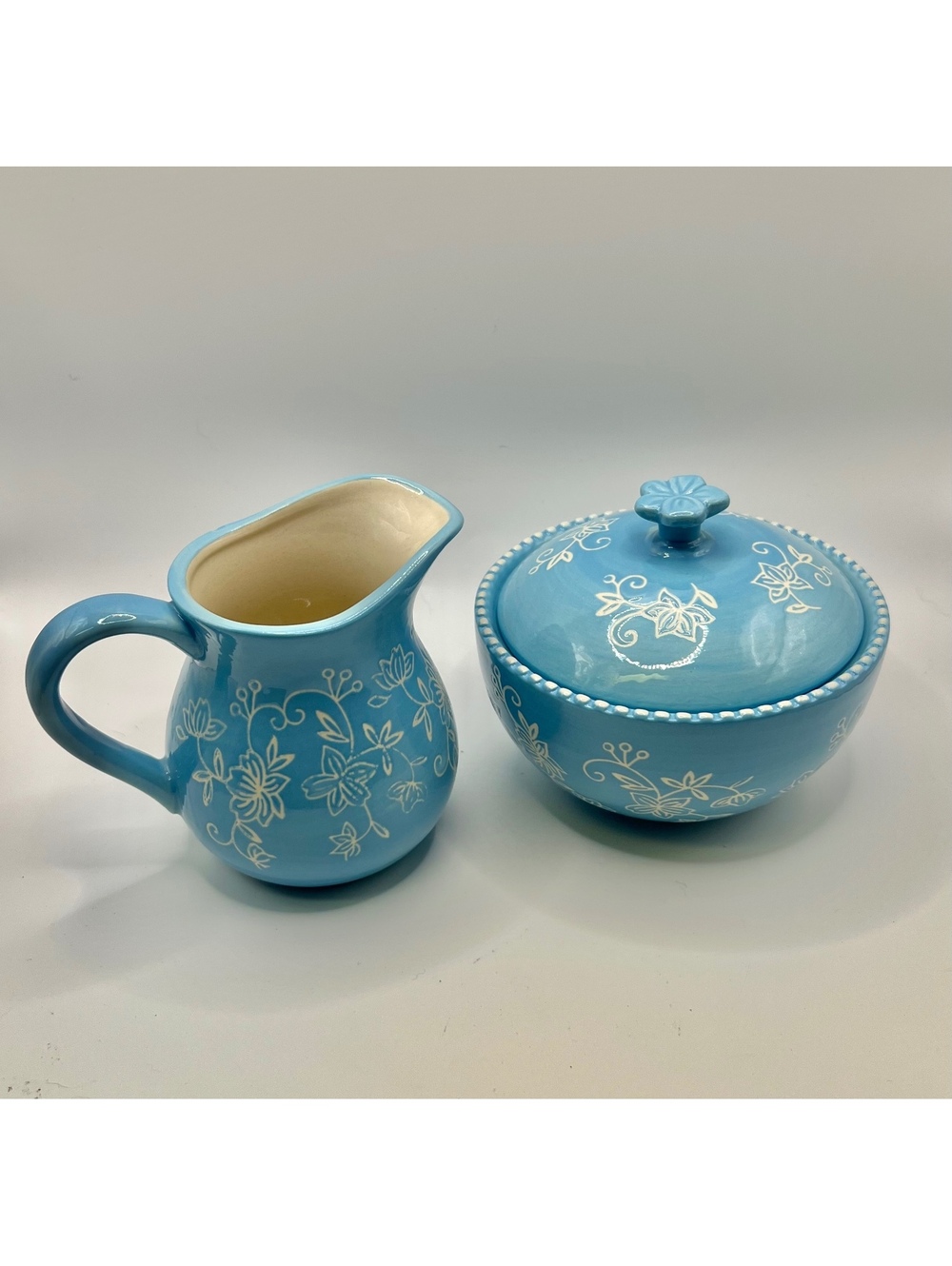 Cottagecore light blue ceramic Sugar Creamer Ivory Floral Design 4” tall